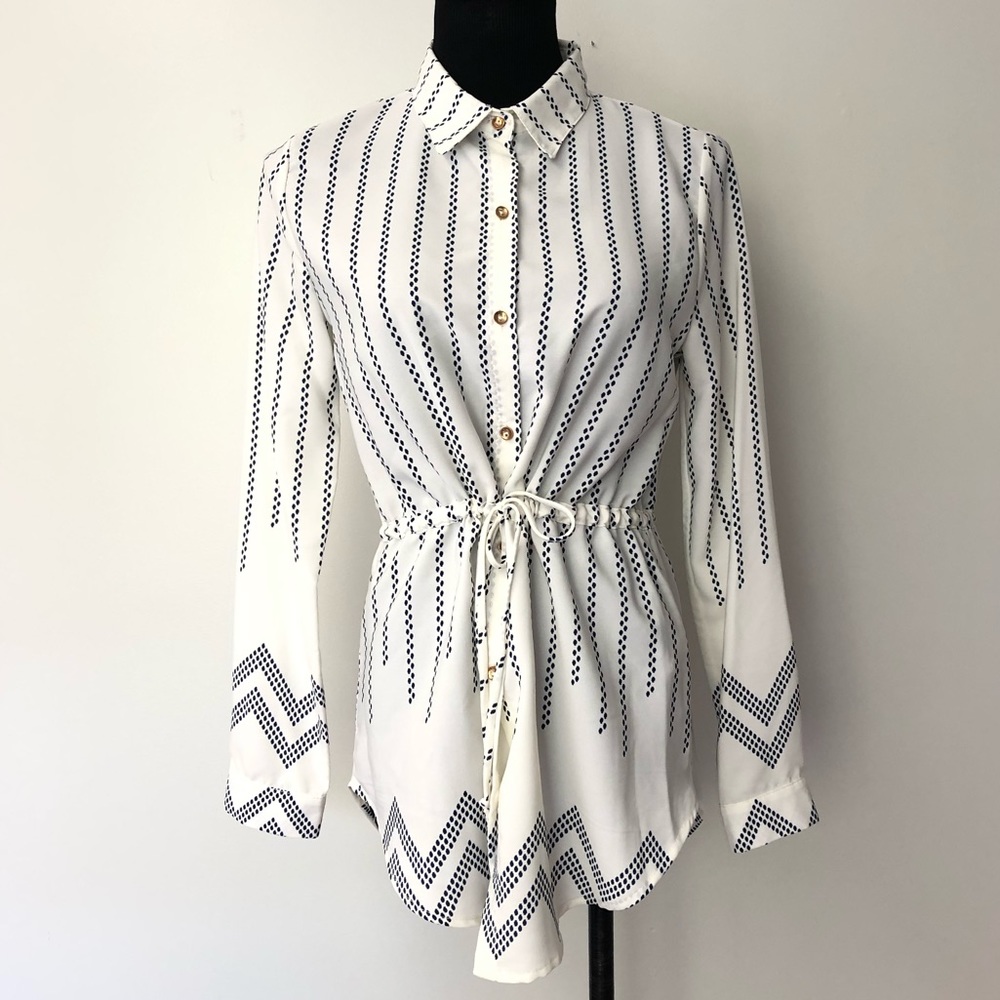 Peach Love Navy Blue Ivory Dress Shirt Tie Waist S